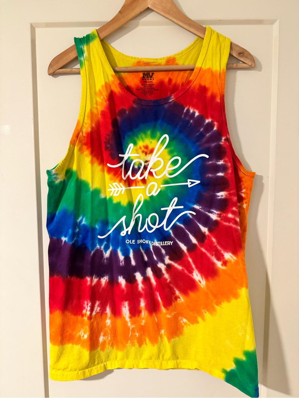 MV Sport Vibrant Tie-Dye Tank top bought from ole smoky distillery in Gatlinburg